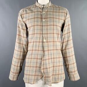 NEEDLES Size XL Grey Navy Brown Plaid Wool Nehru Collar Long Sleeve Shirt